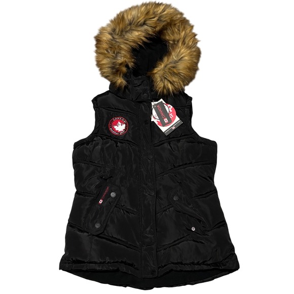 Canada Weathergear Jackets & Blazers - New Canada Weathergear Puffer Vest Women L Black Hooded Faux Fur Trim Trimmed